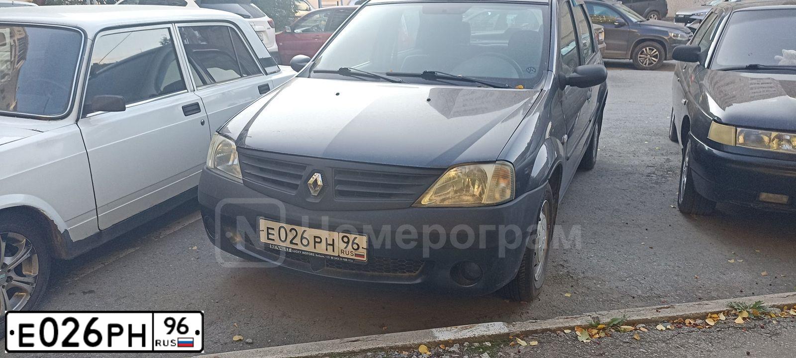 Фото автомобиля RENAULT LOGAN, 2007 — госномер Е026РН96. Цвет: ТЕМНО-СЕРЫЙ