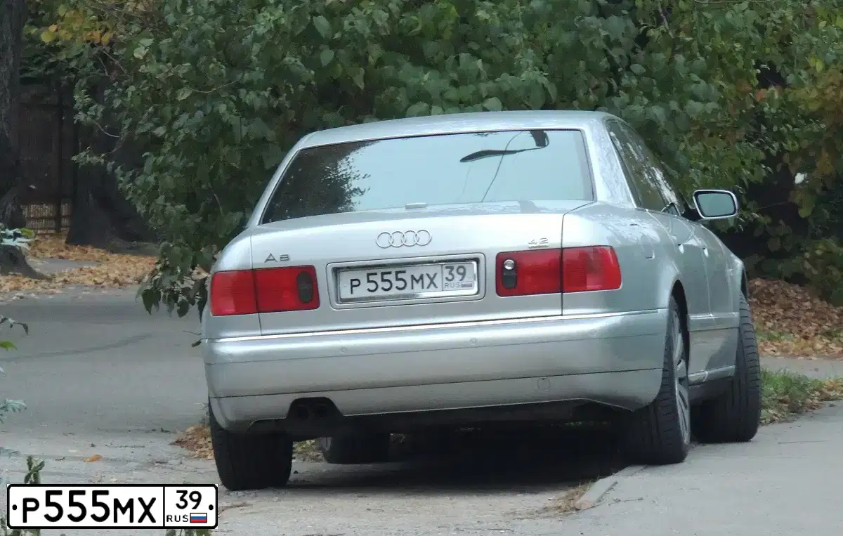 Фото автомобиля AUDI A8, 2001 — госномер Р555МХ39. Цвет: Серебристый