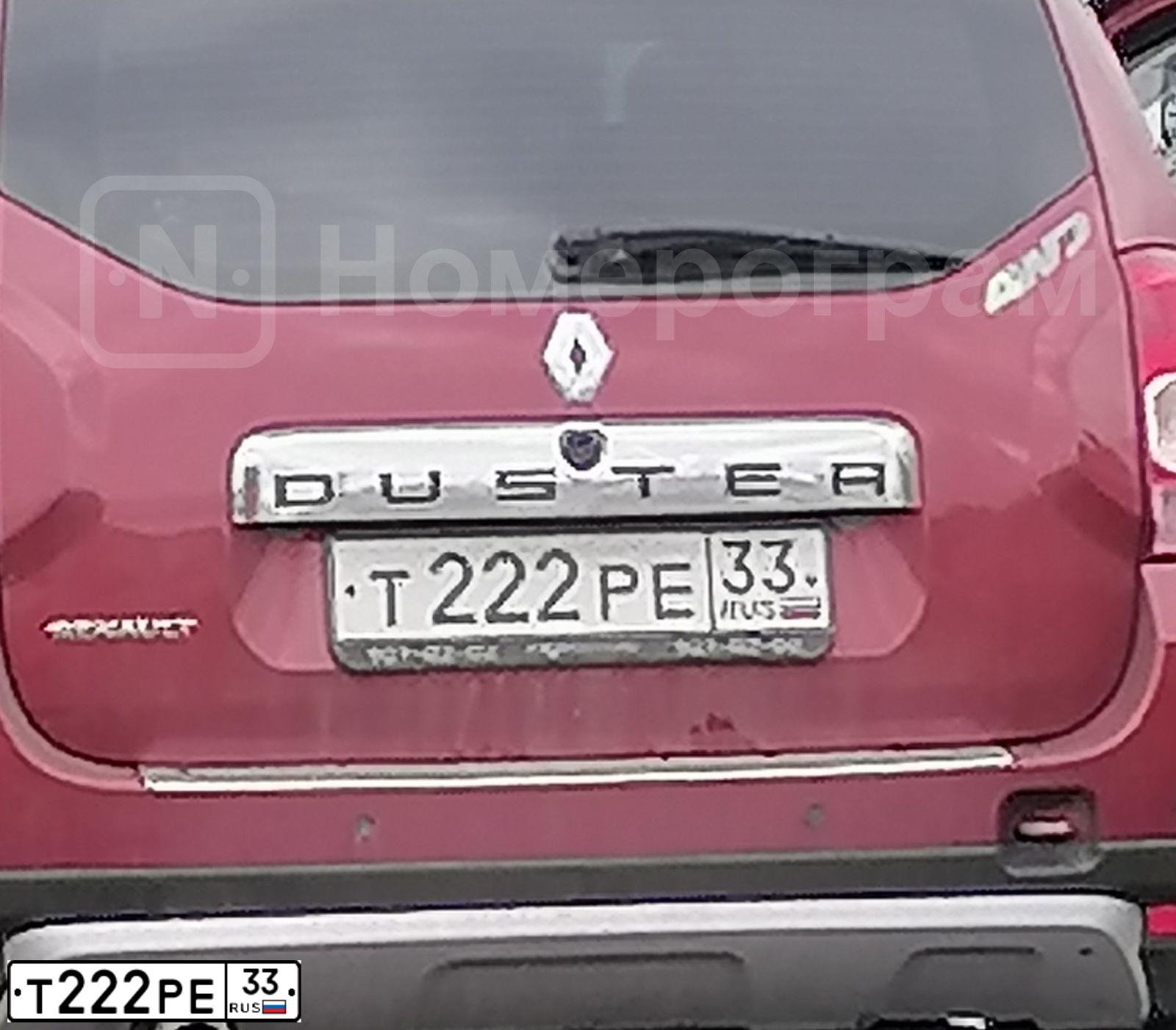 Фото автомобиля RENAULT DUSTER, 2012 — госномер Т222РЕ33. Цвет: КРАСНЫЙ