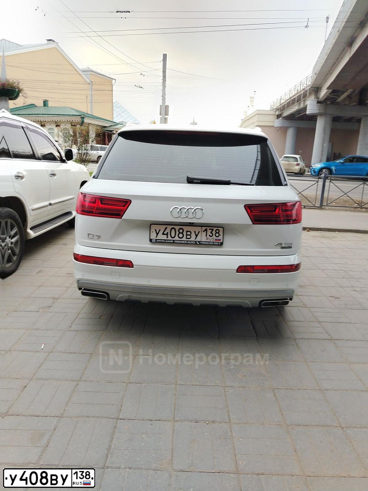 Фото автомобиля AUDI Q7, 2019 — госномер У408ВУ138. Цвет: Белый