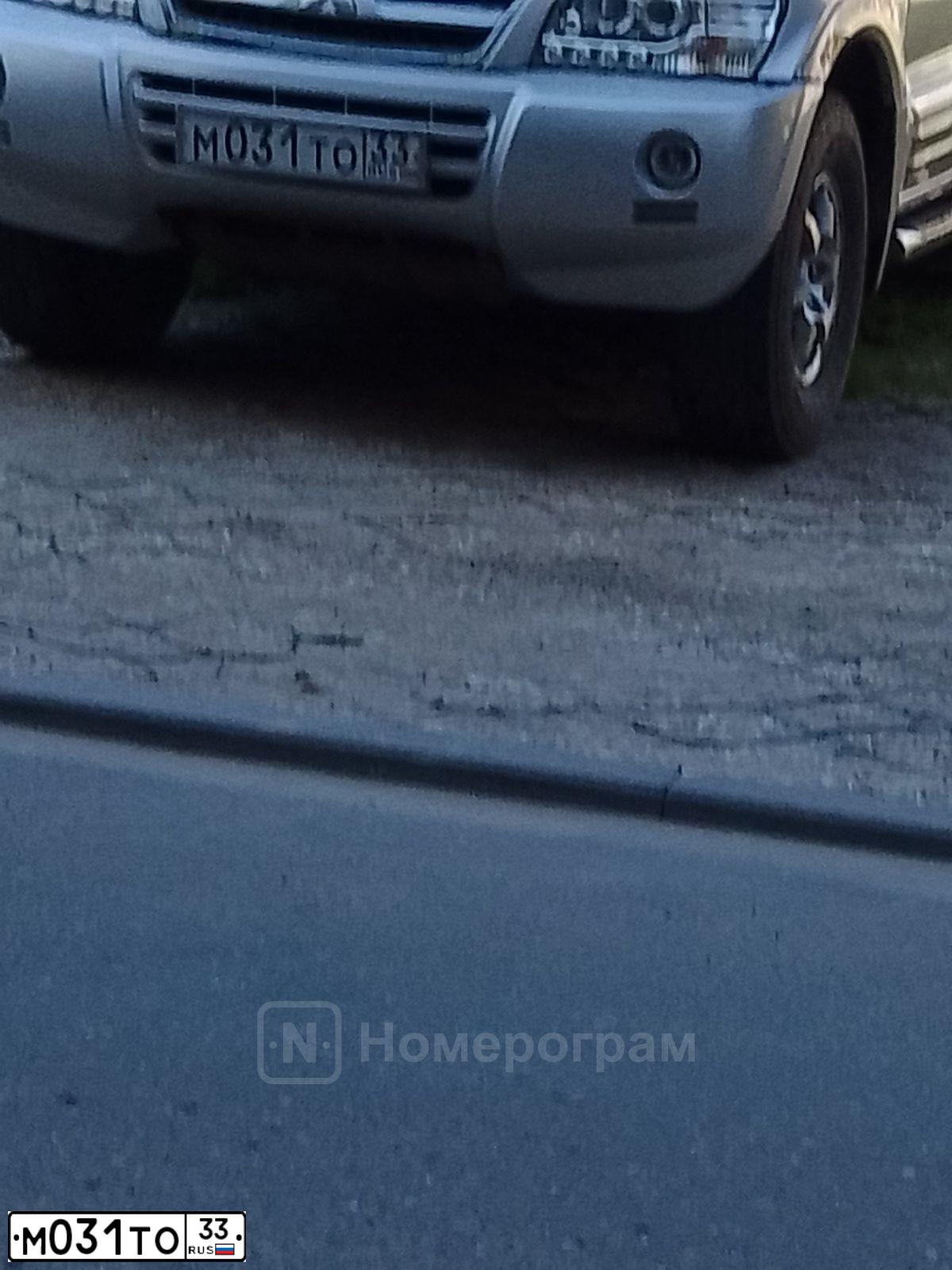 Фото автомобиля MITSUBISHI MONTERO, 2002 — госномер М031ТО33. Цвет: Серебристый