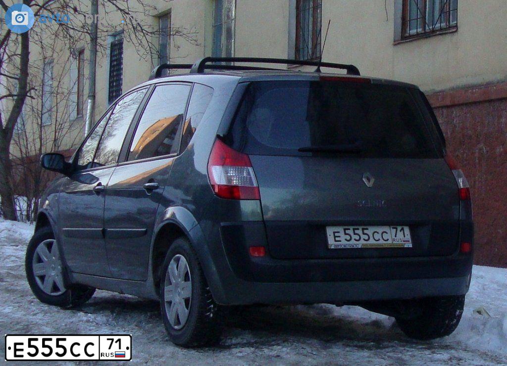 Фото автомобиля RENAULT MEGANE /GRAND/ SCENIC, 2005 — госномер Е555СС71. Цвет: ТЕМНО-СЕРЫЙ