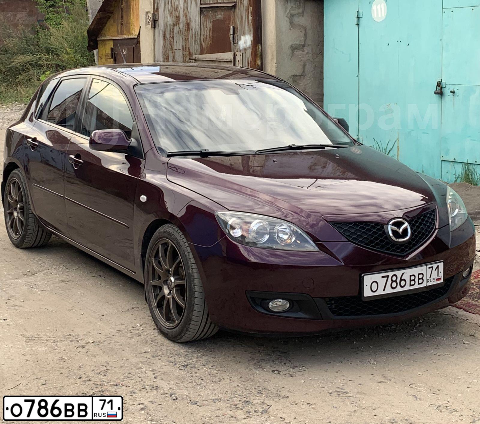 Фото автомобиля MAZDA 3, 2007 — госномер О786ВВ71. Цвет: ТЕМНО-ВИШНЕВЫЙ