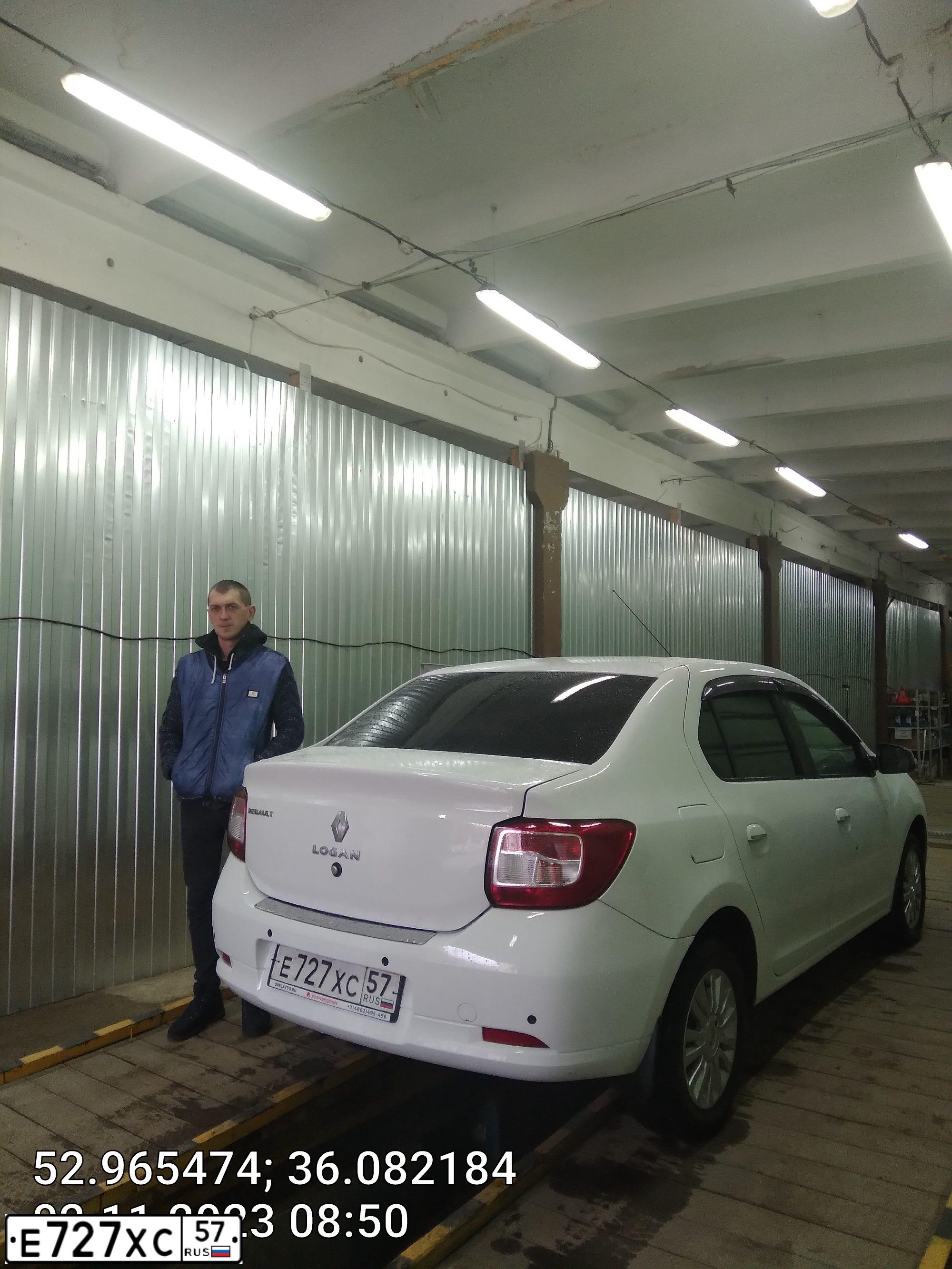 Фото автомобиля RENAULT LOGAN, 2014 — госномер Е727ХС57. Цвет: БЕЛЫЙ