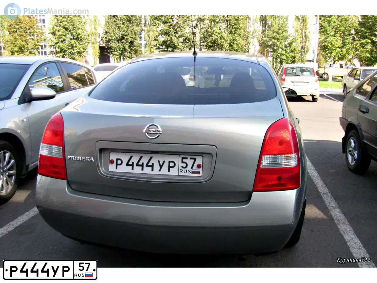 Фото автомобиля NISSAN PRIMERA, 2006 — госномер Р444УР57. Цвет: СЕРО-ЗЕЛЕНЫЙ