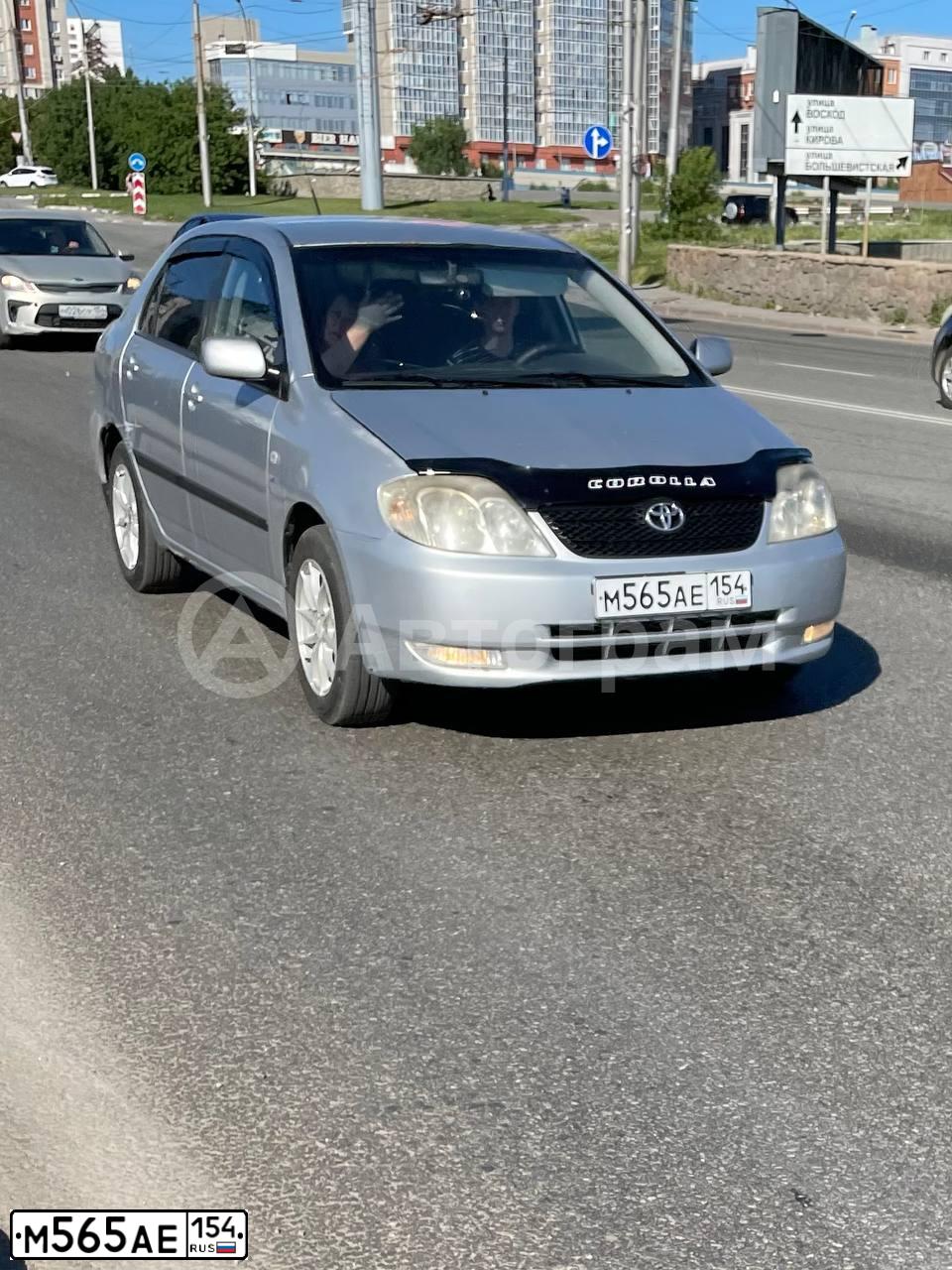 Фото автомобиля TOYOTA COROLLA, 2002 — госномер М565АЕ154. Цвет: СЕРЕБРИСТЫЙ