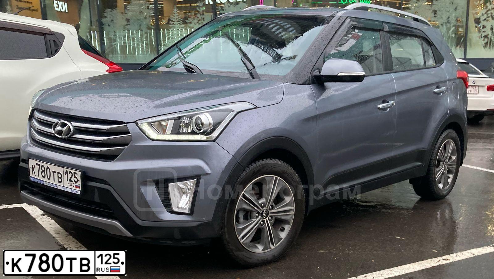 Фото автомобиля HYUNDAI CRETA, 2019 — госномер К780ТВ125. Цвет: Серый