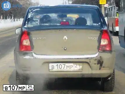 Фото автомобиля RENAULT LOGAN, 2011 — госномер В107МР21. Цвет: ЧЕРНЫЙ