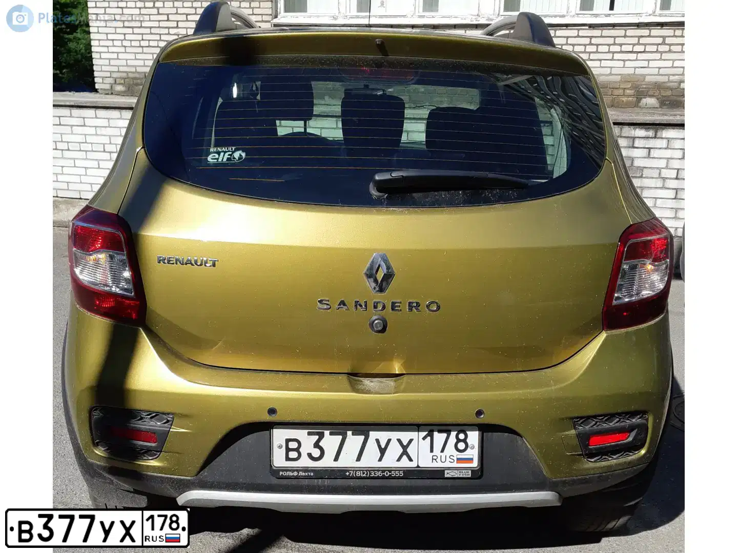 Фото автомобиля RENAULT SANDERO, 2015 — госномер О684НУ60. Цвет: ЗОЛОТИСТО-ЗЕЛЕНЫЙ
