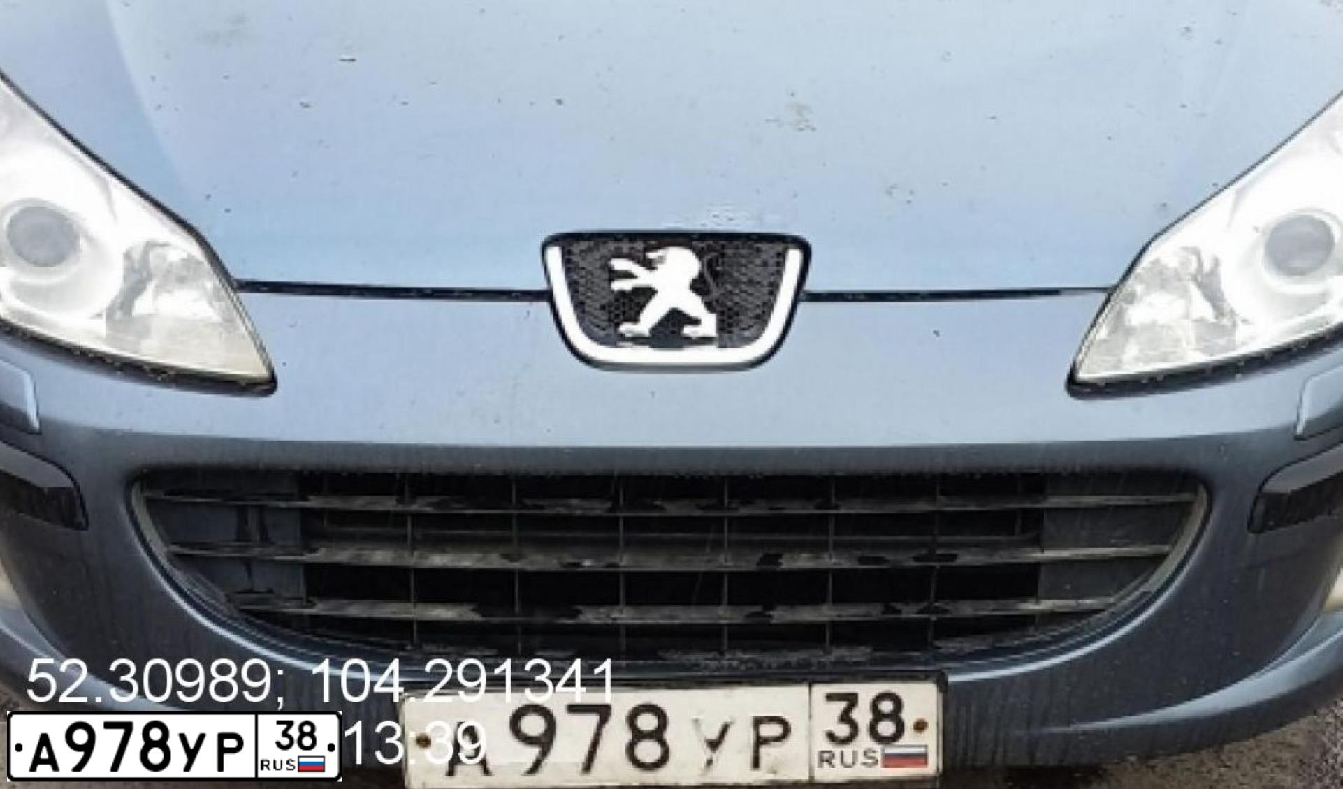 Фото автомобиля PEUGEOT 407, 2005 — госномер А978УР38. Цвет: СЕРЫЙ