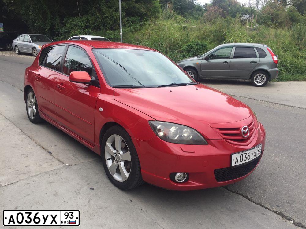Фото автомобиля MAZDA 3, 2005 — госномер А036УХ93. Цвет: КРАСНЫЙ МЕТАЛЛИК