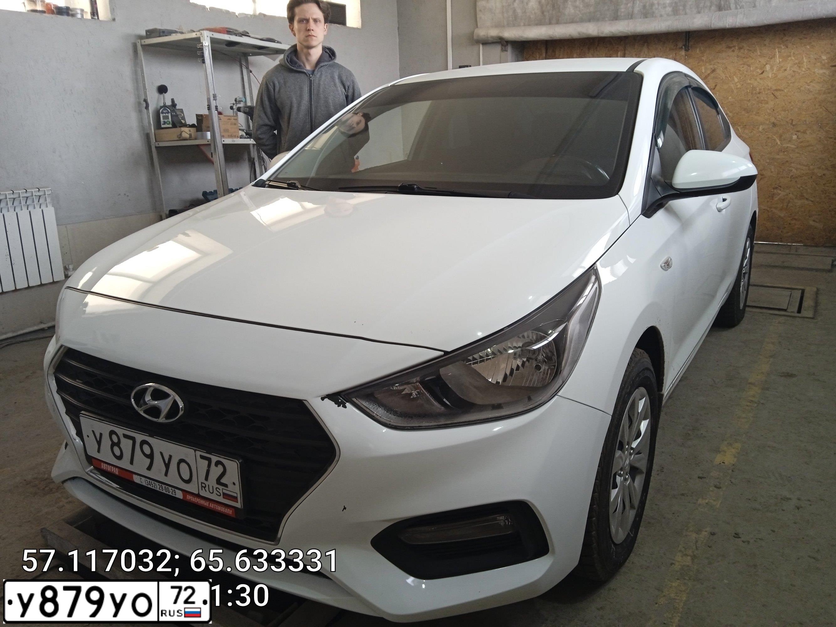 Фото автомобиля HYUNDAI SOLARIS, 2017 — госномер У879УО72. Цвет: Белый