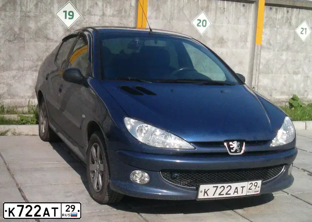 Фото автомобиля PEUGEOT 206, 2008 — госномер К722АТ29. Цвет: Темно-синий