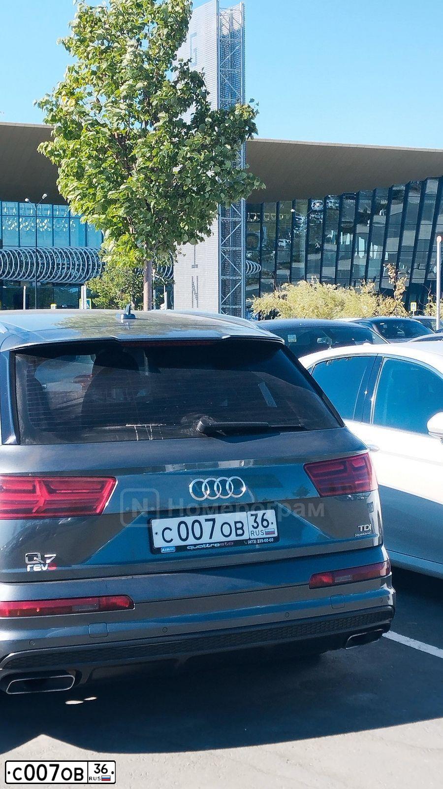 Фото автомобиля AUDI Q7, 2015 — госномер С007ОВ36. Цвет: СЕРЫЙ