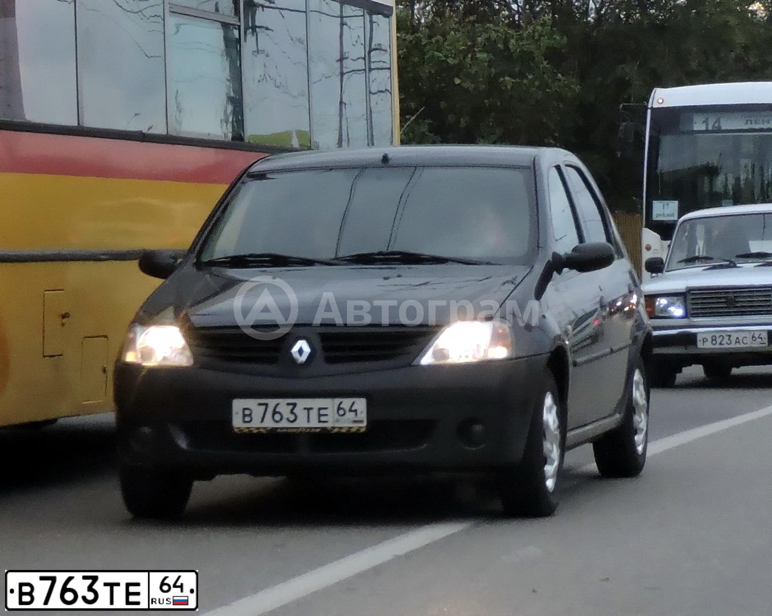 Фото автомобиля RENAULT LOGAN, 2007 — госномер В763ТЕ64. Цвет: ТЕМНО СЕРЫЙ