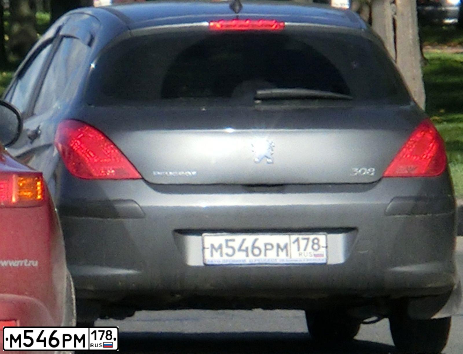 Фото автомобиля PEUGEOT 308, 2009 — госномер М546РМ178. Цвет: ТЕМНО-СЕРЫЙ
