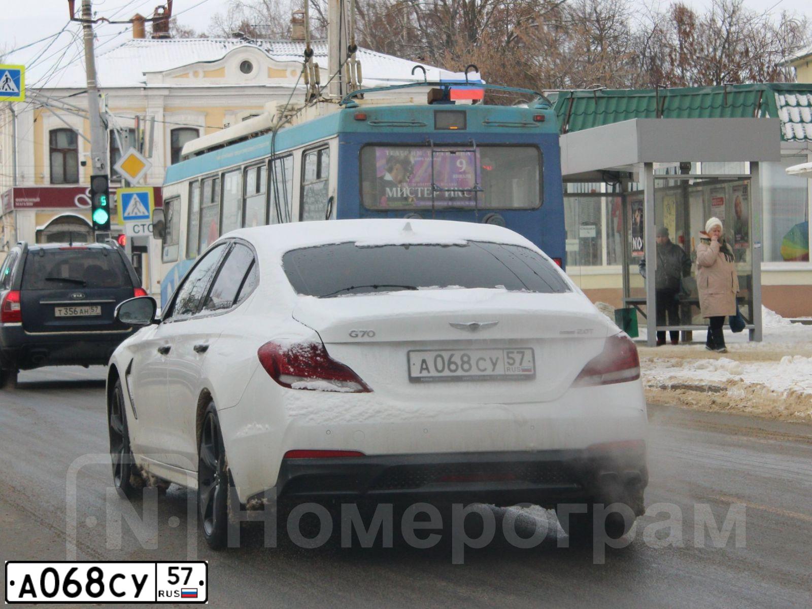 Фото автомобиля GENESIS G70, 2020 — госномер А068СУ57. Цвет: Белый