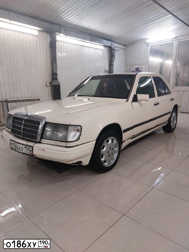 Фото автомобиля MERCEDES E-KLASSE, 1986 — госномер В423НК150. Цвет: БЕЛЫЙ