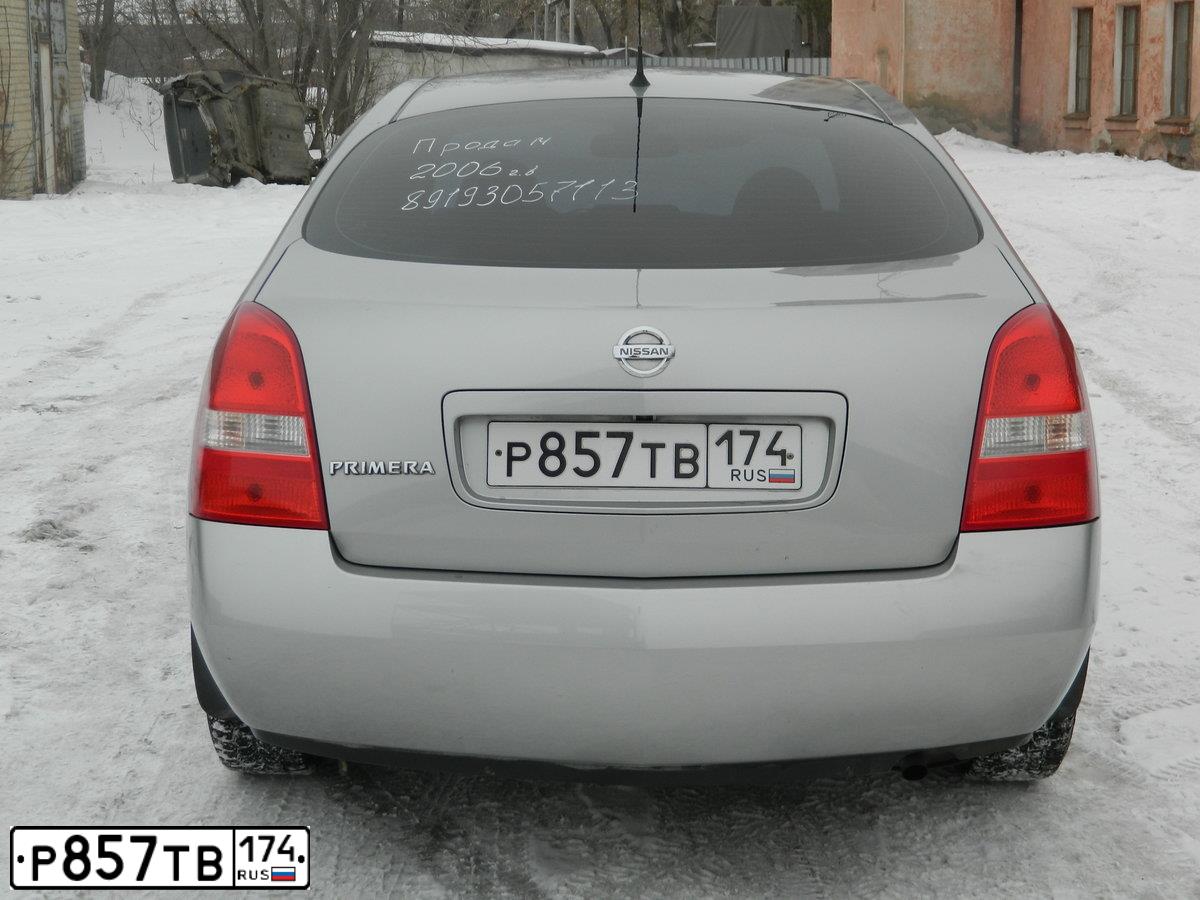 Фото автомобиля NISSAN PRIMERA, 2006 — госномер М007РО174. Цвет: Серебристый