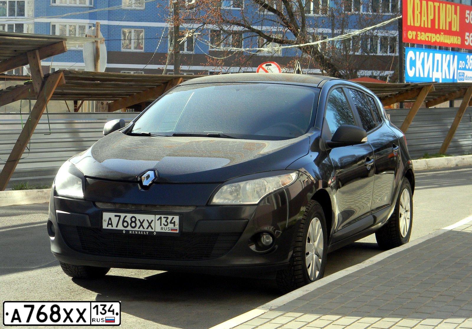 Фото автомобиля RENAULT MEGANE, 2011 — госномер А768ХХ134. Цвет: ЧЕРНЫЙ