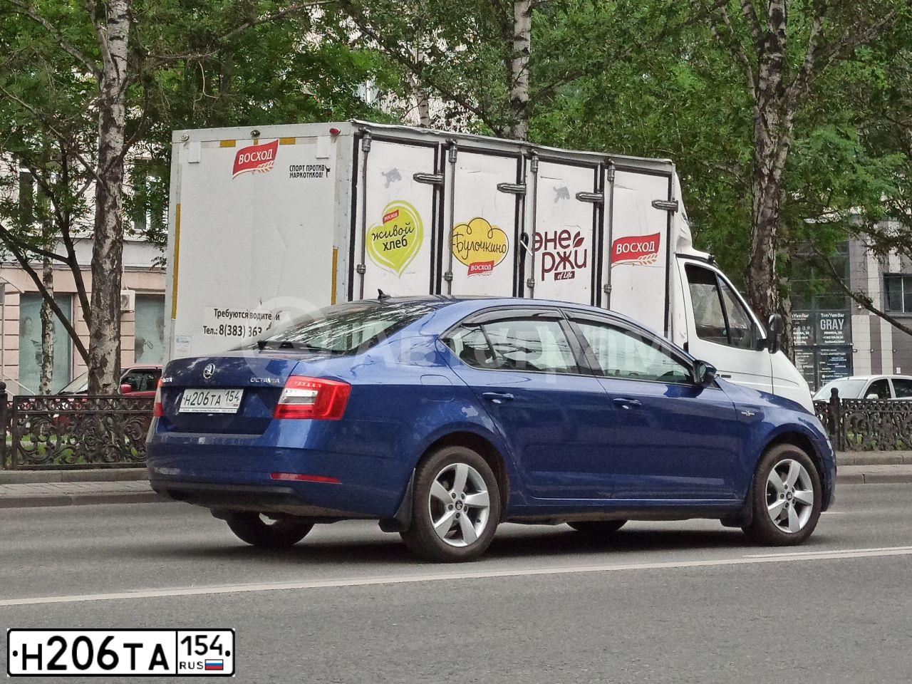 Фото автомобиля SKODA OCTAVIA, 2019 — госномер Н206ТА154. Цвет: синий