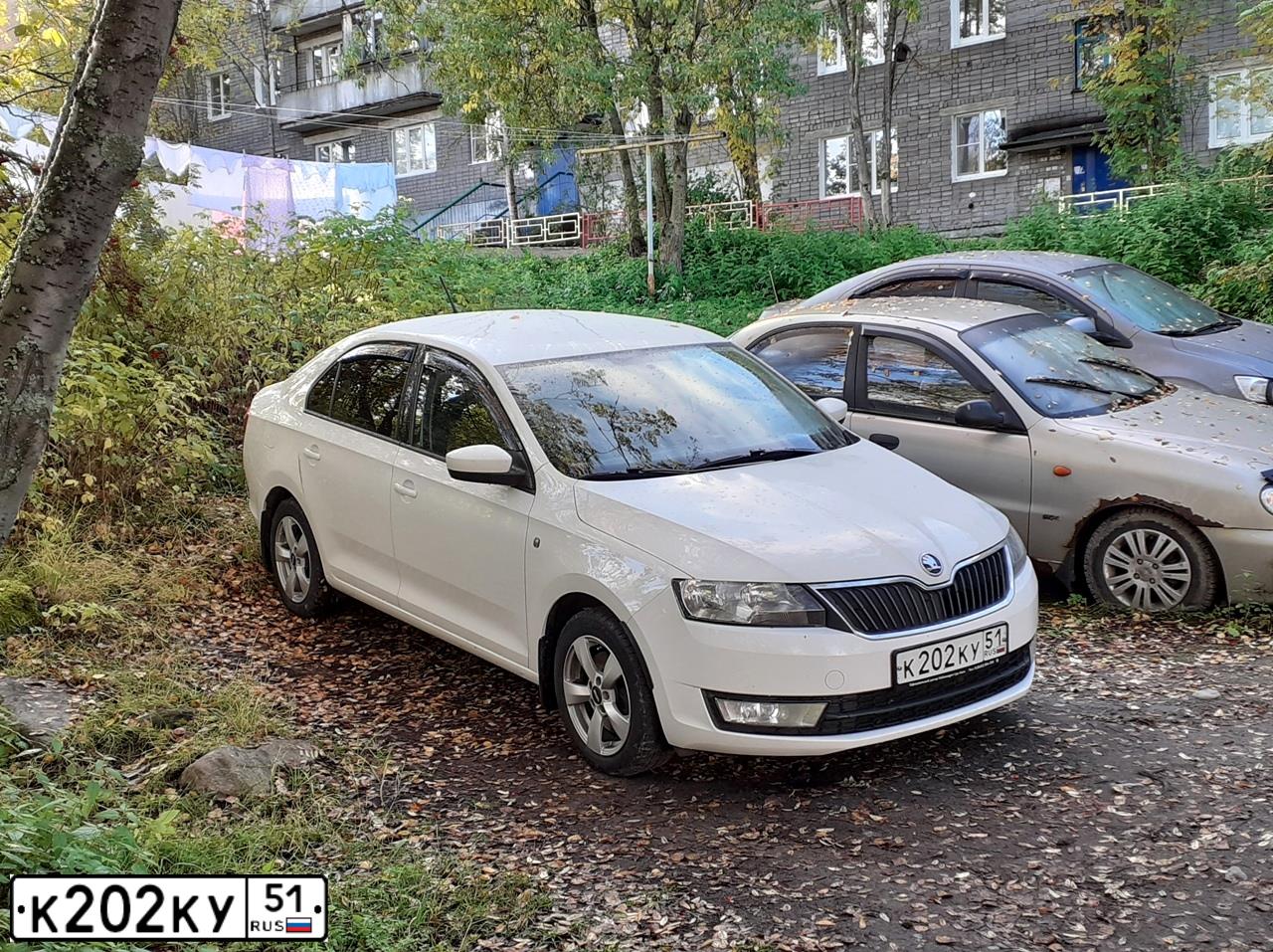 Фото автомобиля SKODA RAPID, 2014 — госномер К202КУ51. Цвет: Белый