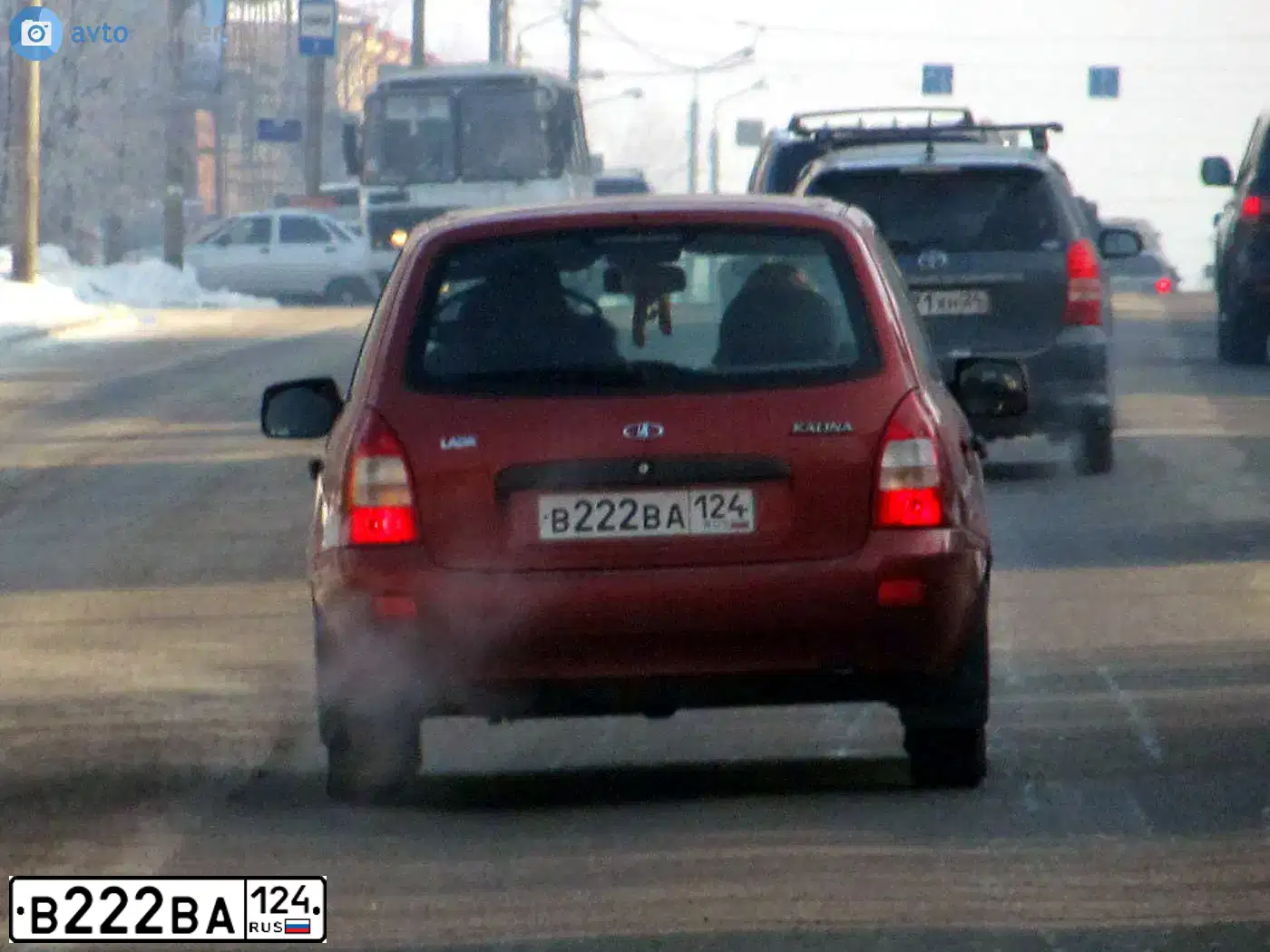 Фото автомобиля LADA 1117 KALINA, 2010 — госномер В222ВА124. Цвет: СЕРЕБРИСТО-КРАСНЫЙ