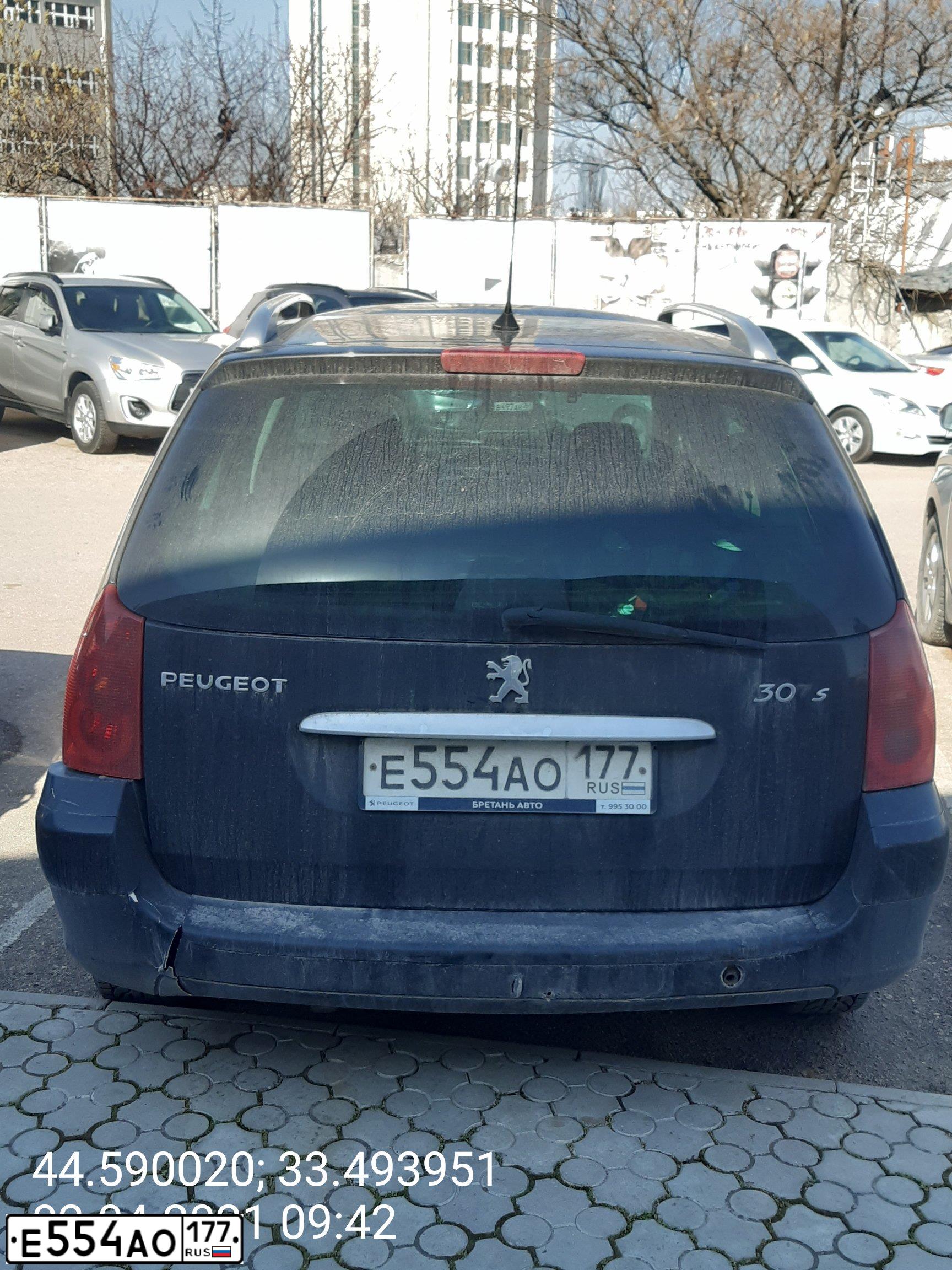 Фото автомобиля PEUGEOT 307, 2005 — госномер А405УК92. Цвет: ЧЕРНЫЙ