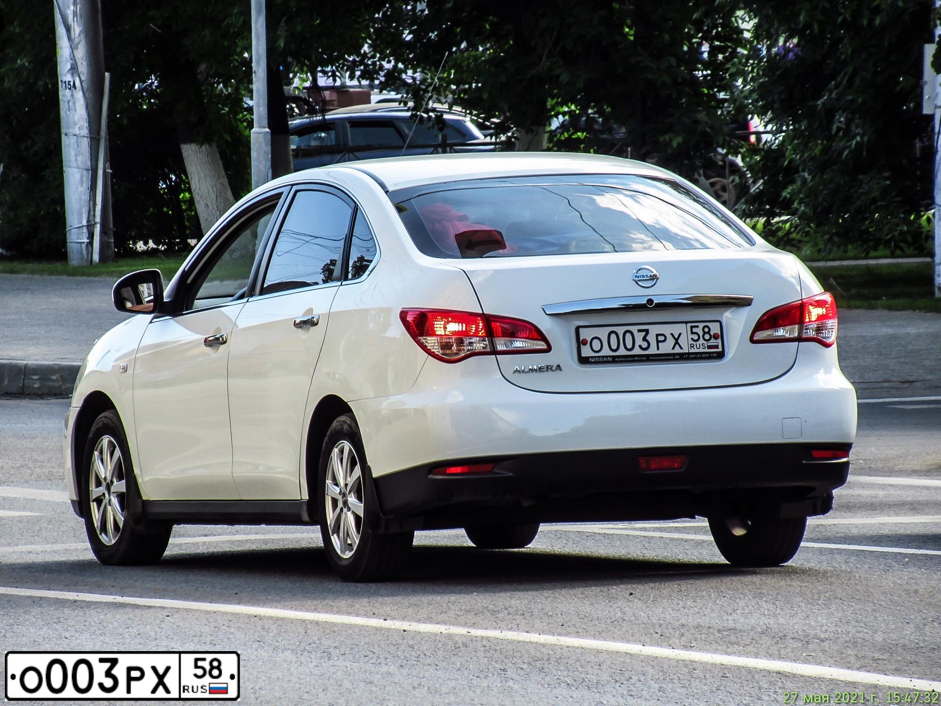 Фото автомобиля NISSAN ALMERA /AVTOVAZ/, 2013 — госномер О003РХ58. Цвет: Белый