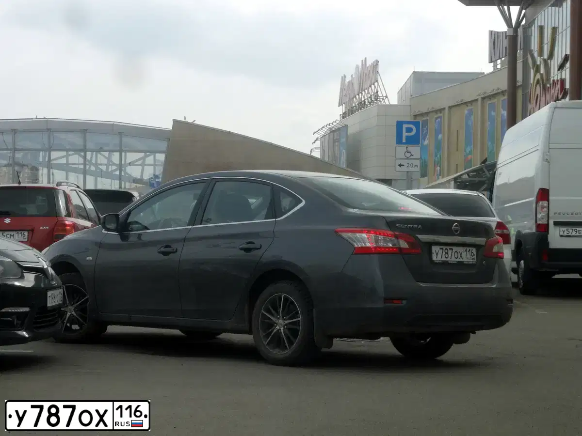 Фото автомобиля NISSAN SENTRA/LUCINO/, 2014 — госномер У787ОХ116. Цвет: ТЕМНО-СЕРЫЙ