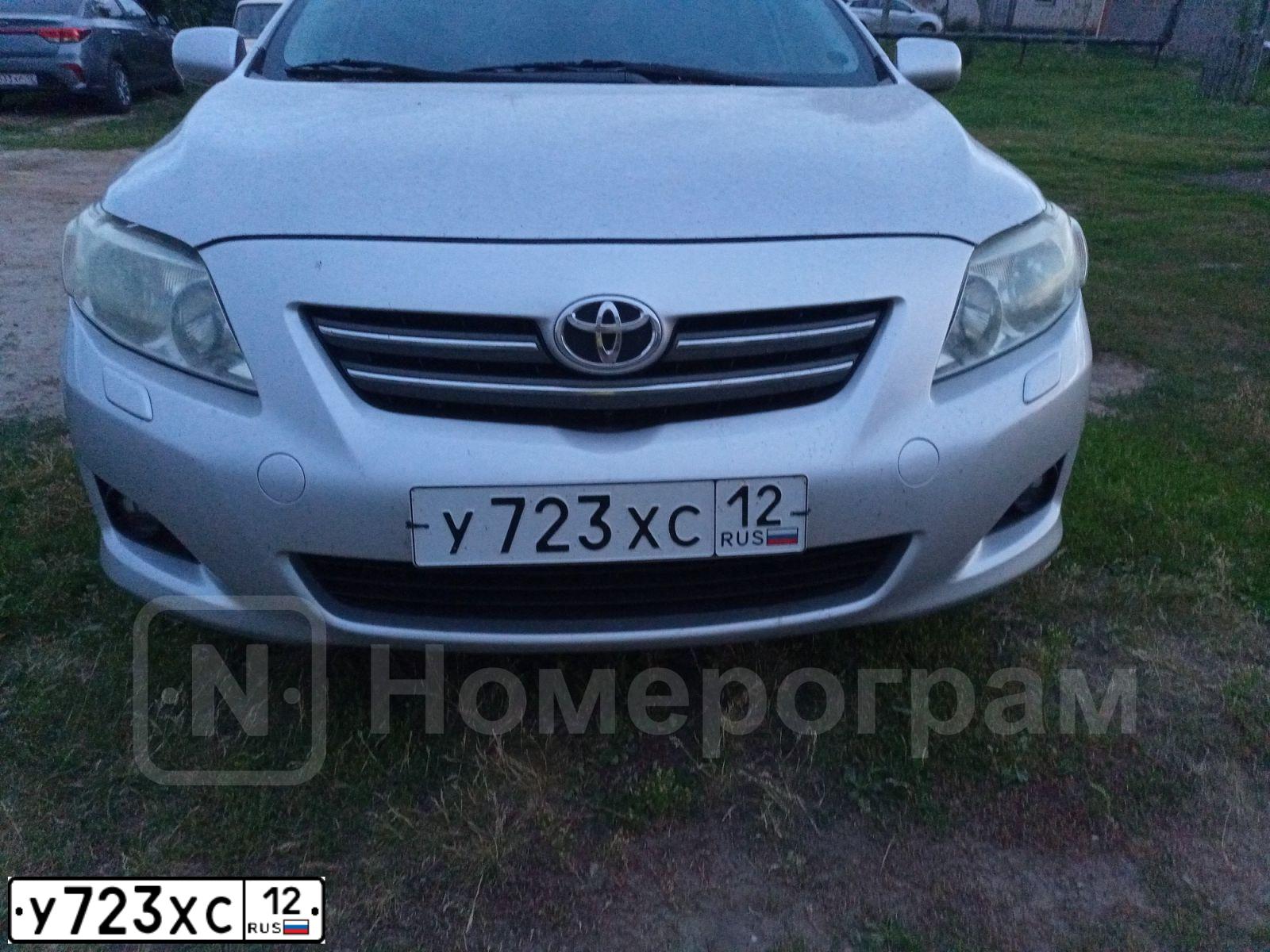 Фото автомобиля TOYOTA COROLLA, 2008 — госномер У723ХС12. Цвет: СЕРЕБРИСТЫЙ