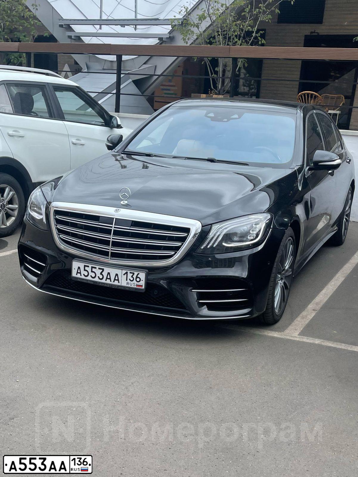 Фото автомобиля MERCEDES S-KLASSE, 2019 — госномер А553АА136. Цвет: черный