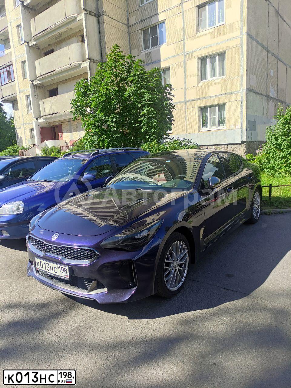 Фото автомобиля KIA STINGER, 2019 — госномер К013НС198. Цвет: синий