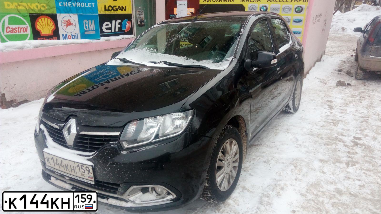 Фото автомобиля RENAULT LOGAN, 2015 — госномер К144КН159. Цвет: ЧЕРНЫЙ