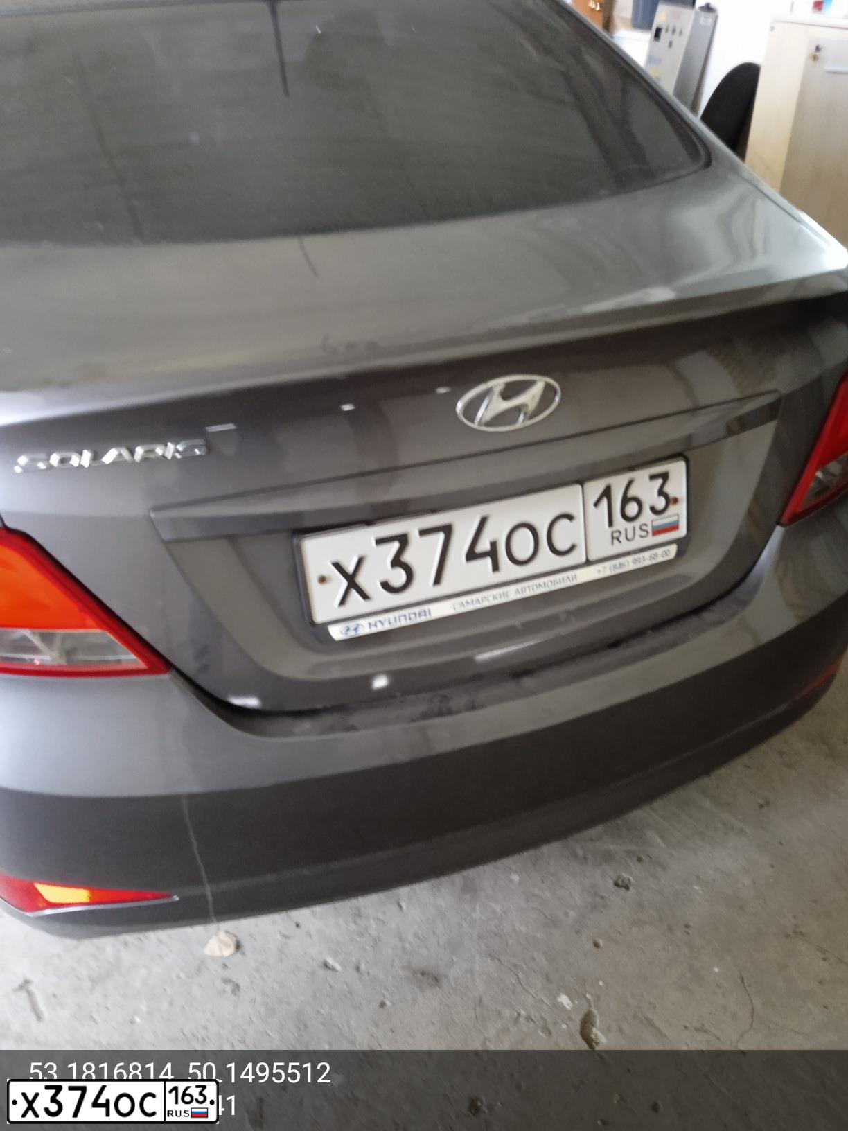 Фото автомобиля HYUNDAI SOLARIS, 2016 — госномер Х374ОС163. Цвет: ТЕМНО-СЕРЫЙ