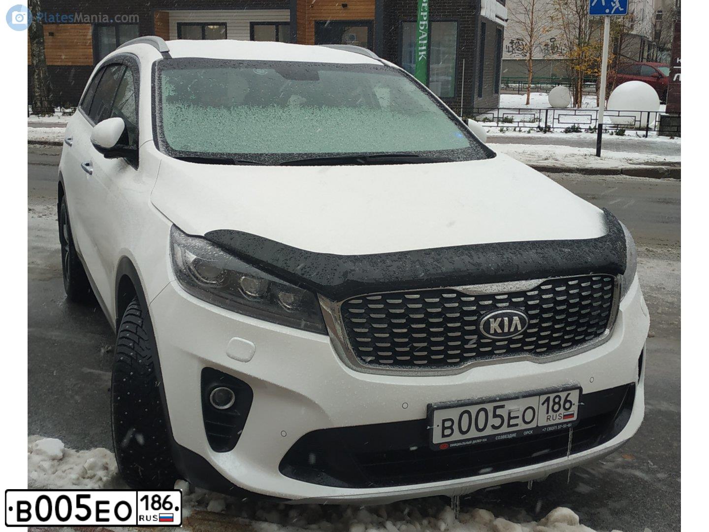 Фото автомобиля KIA SORENTO, 2019 — госномер В005ЕО186. Цвет: БЕЛЫЙ