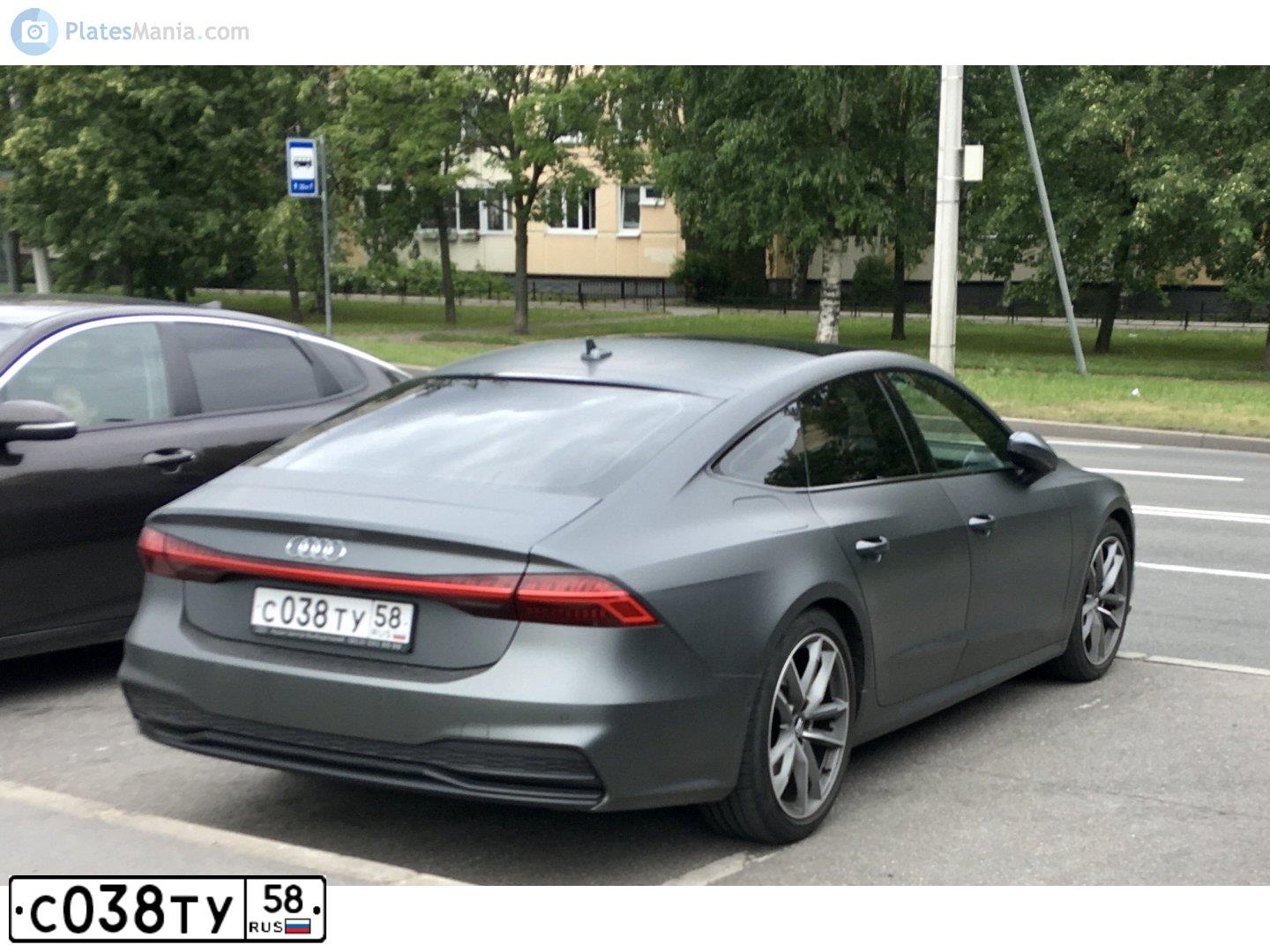 Фото автомобиля AUDI A7, 2018 — госномер С038ТУ58. Цвет: СЕРЫЙ