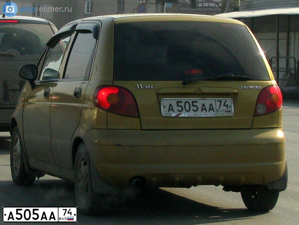 Фото автомобиля DAEWOO MATIZ, 2002 — госномер А505АА74. Цвет: ЗОЛОТИСТО-ЖЕЛТЫЙ