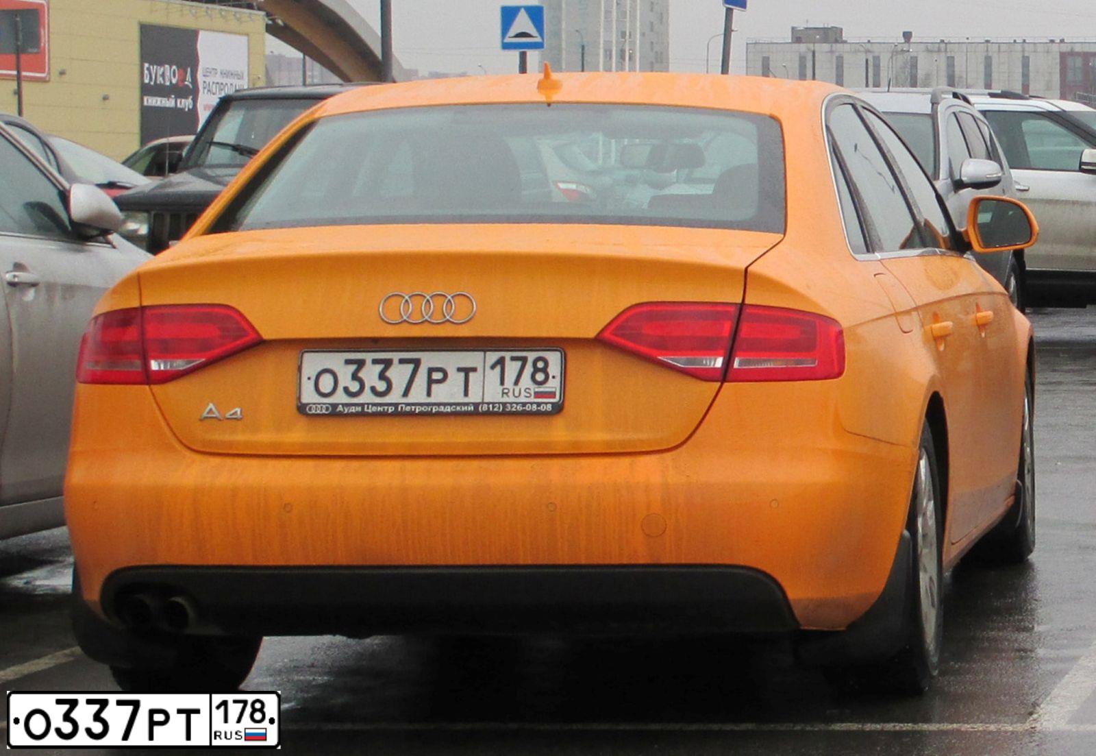 Фото автомобиля AUDI A4, 2008 — госномер О337РТ178. Цвет: ЖЕЛТЫЙ