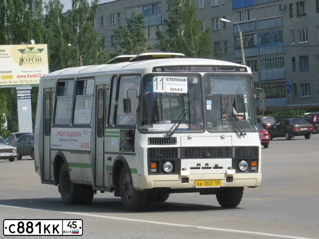 Фото автомобиля PAZ 3205, 2006 — госномер С881КК45. Цвет: БЕЛО-ЗЕЛЕНЫЙ