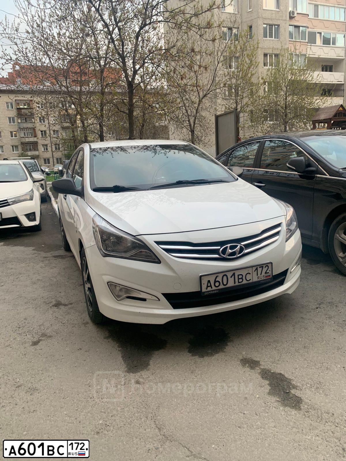 Фото автомобиля HYUNDAI SOLARIS, 2014 — госномер А601ВС172. Цвет: Белый