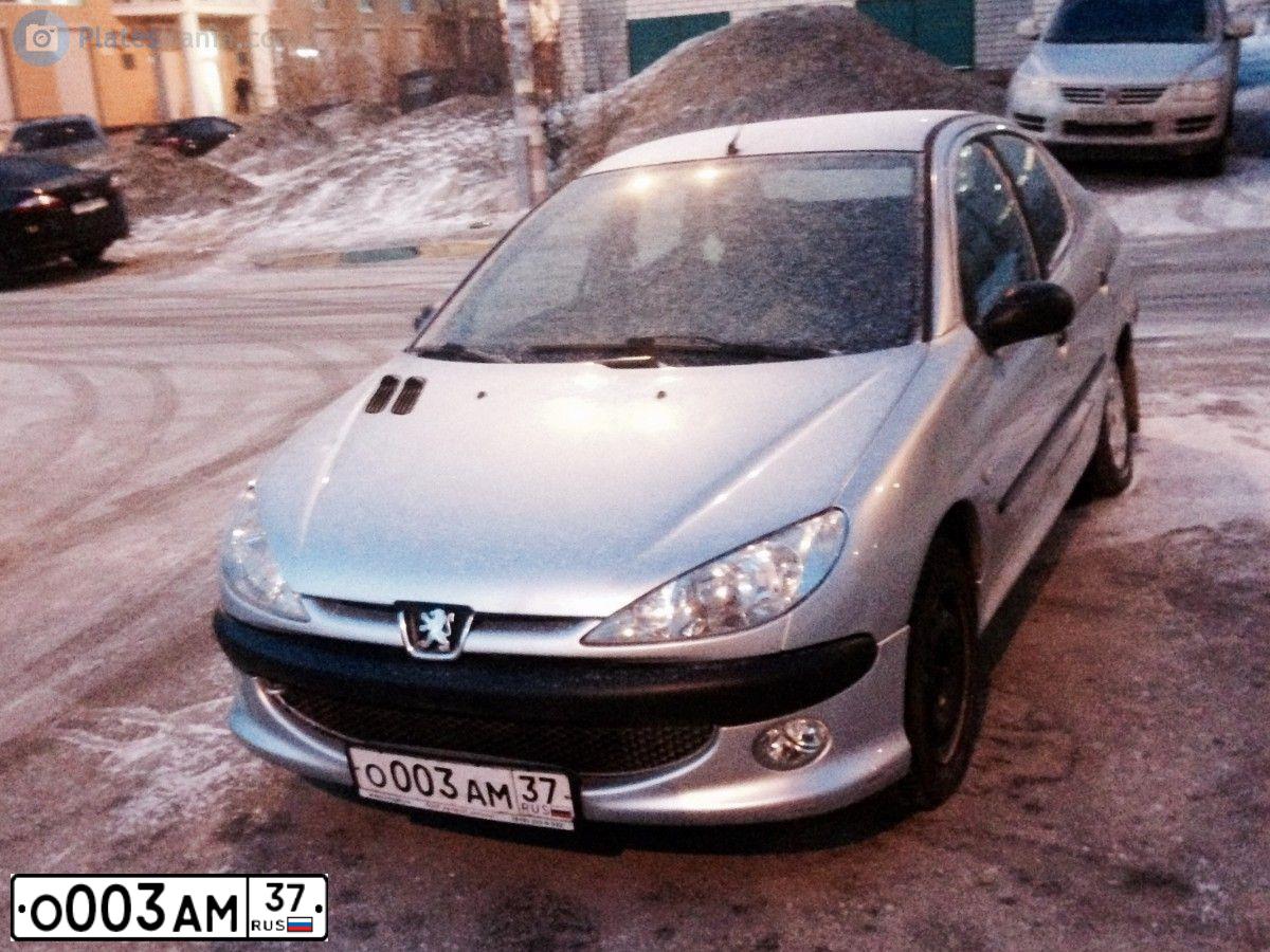 Фото автомобиля PEUGEOT 206, 2006 — госномер О003АМ37. Цвет: Серебристый