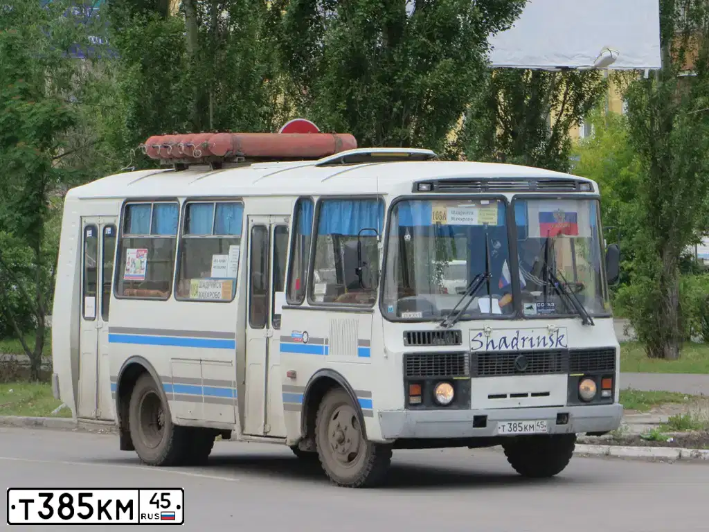 Фото автомобиля PAZ 3205, 2003 — госномер Т385КМ45. Цвет: Бело-Синий