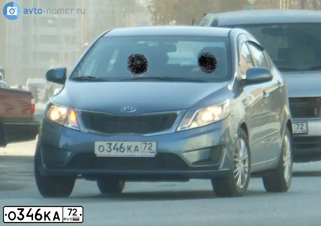 Фото автомобиля KIA RIO, 2012 — госномер О346КА72. Цвет: ГОЛУБОЙ