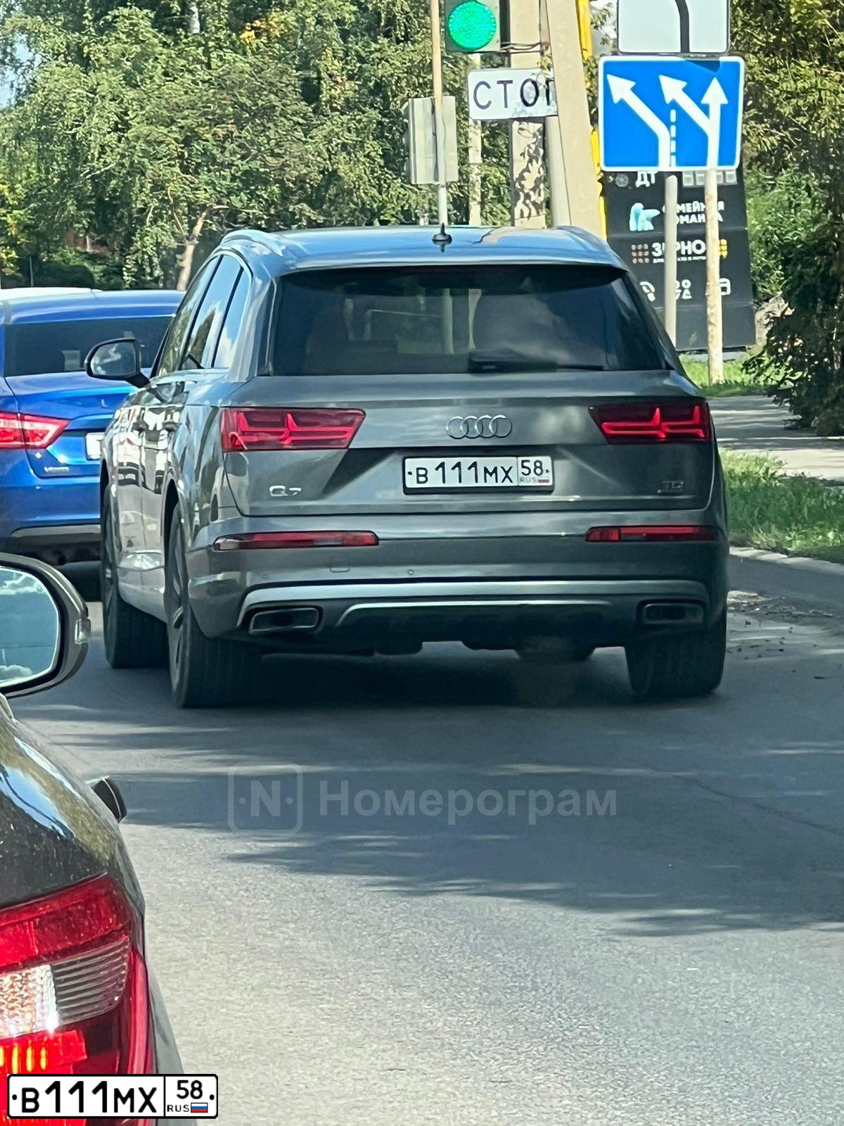 Фото автомобиля AUDI Q7, 2016 — госномер В111МХ58. Цвет: Серый