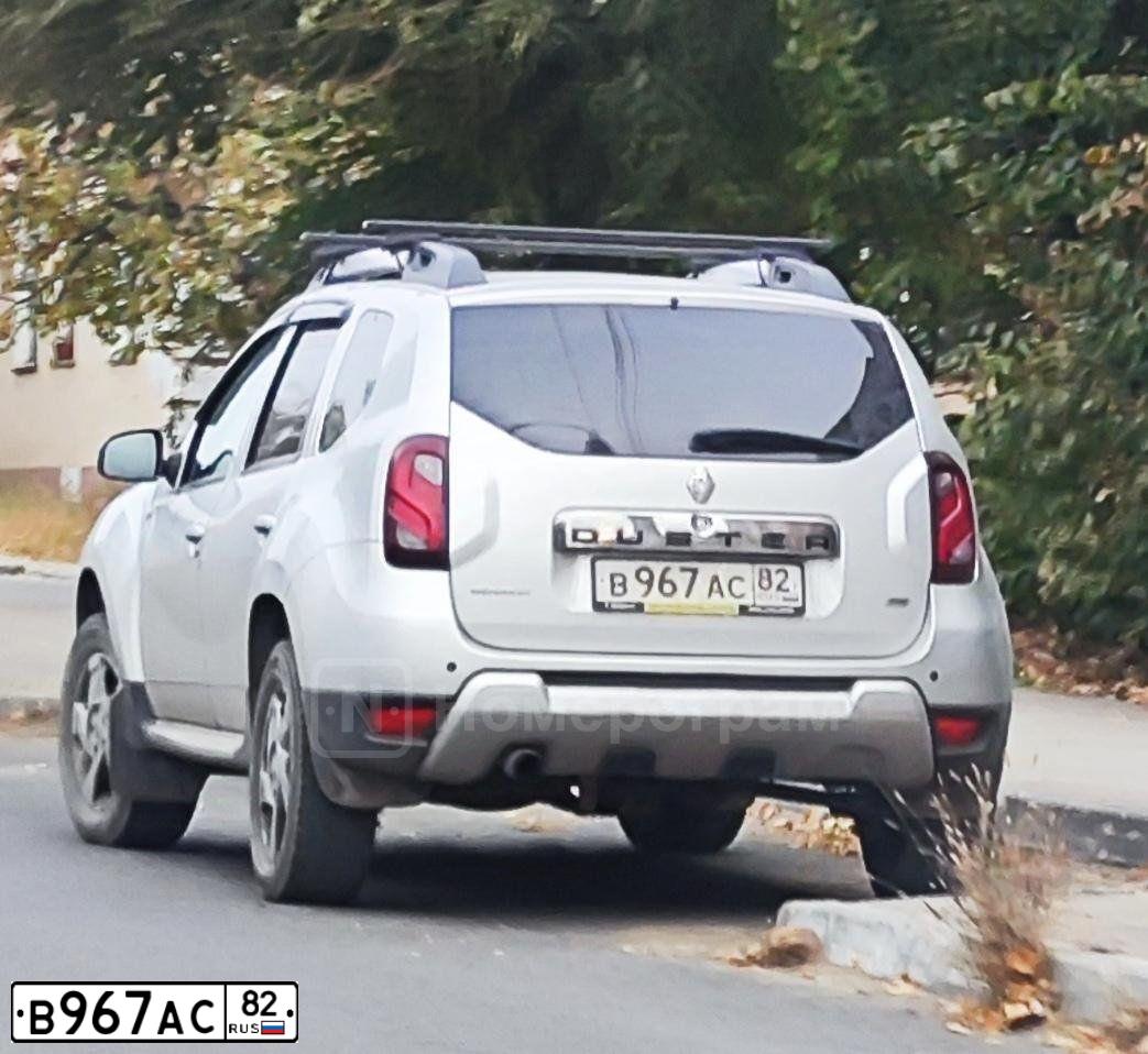 Фото автомобиля RENAULT DUSTER, 2016 — госномер В967АС82. Цвет: СВЕТЛО-СЕРЫЙ