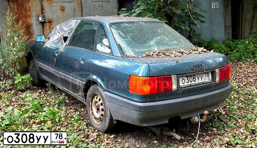 Фото автомобиля AUDI 80, 1989 — госномер О308УУ78. Цвет: СИНИЙ