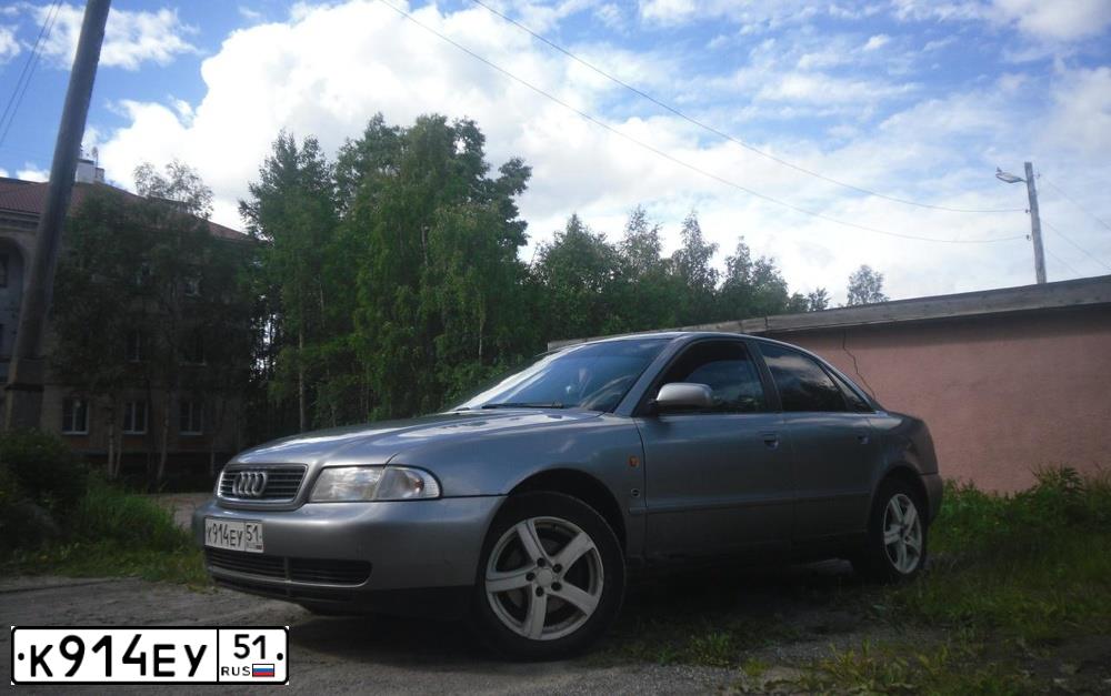 Фото автомобиля AUDI A4, 1998 — госномер Е404НУ51. Цвет: СЕРЫЙ