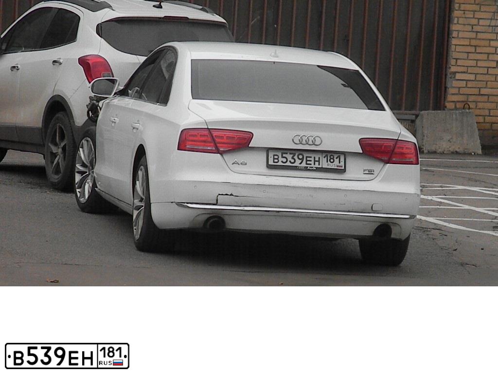 Фото автомобиля AUDI A8, 2010 — госномер В539ЕН181. Цвет: Белый