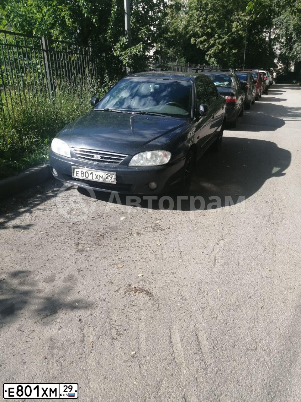 Фото автомобиля KIA SPECTRA, 2008 — госномер Е801ХМ29. Цвет: ЧЕРНЫЙ ЖЕМЧУГ
